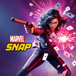 A vibrant image depicting Victoria Hand in a dynamic pose, energetically shooting playing cards as they explode in a burst of colorful energy