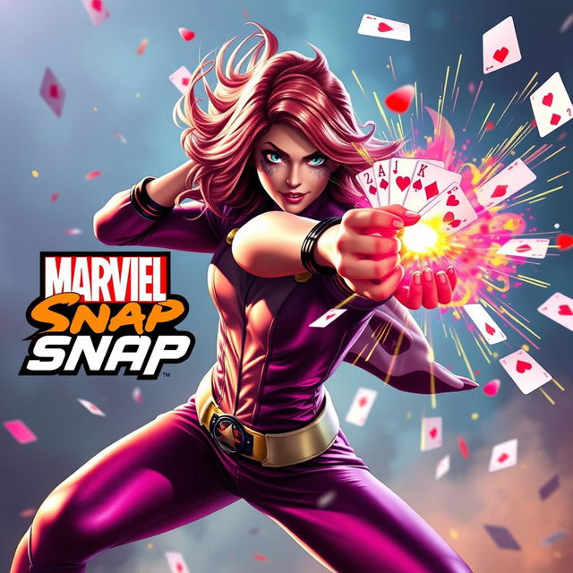 A vibrant image depicting Victoria Hand in a dynamic pose, energetically shooting playing cards as they explode in a burst of colorful energy