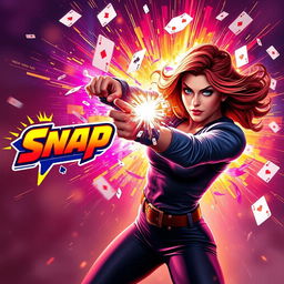 A vibrant image depicting Victoria Hand in a dynamic pose, energetically shooting playing cards as they explode in a burst of colorful energy
