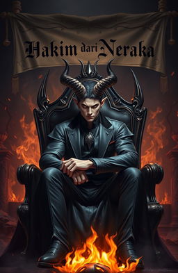 A handsome demon male with striking features, sharp horns, and an alluring presence, dressed in elegant, dark attire, sitting confidently on a luxurious throne in a dramatic underworld setting
