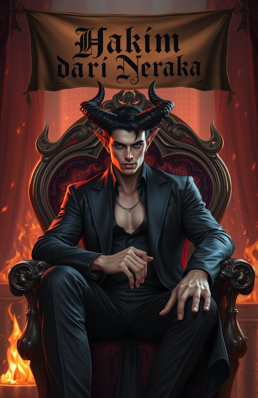 A handsome demon male with striking features, sharp horns, and an alluring presence, dressed in elegant, dark attire, sitting confidently on a luxurious throne in a dramatic underworld setting