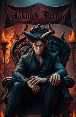 A handsome demon male with striking features, sharp horns, and an alluring presence, dressed in elegant, dark attire, sitting confidently on a luxurious throne in a dramatic underworld setting
