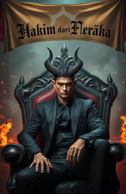 A handsome demon male with striking features, sharp horns, and an alluring presence, dressed in elegant, dark attire, sitting confidently on a luxurious throne in a dramatic underworld setting