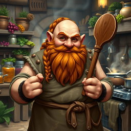 A stout dwarf with a bald head and a braided auburn beard, featuring soot-streaked cheeks that highlight his hard-working nature