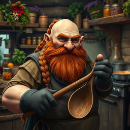 A stout dwarf with a bald head and a braided auburn beard, featuring soot-streaked cheeks that highlight his hard-working nature