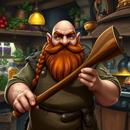 A stout dwarf with a bald head and a braided auburn beard, featuring soot-streaked cheeks that highlight his hard-working nature