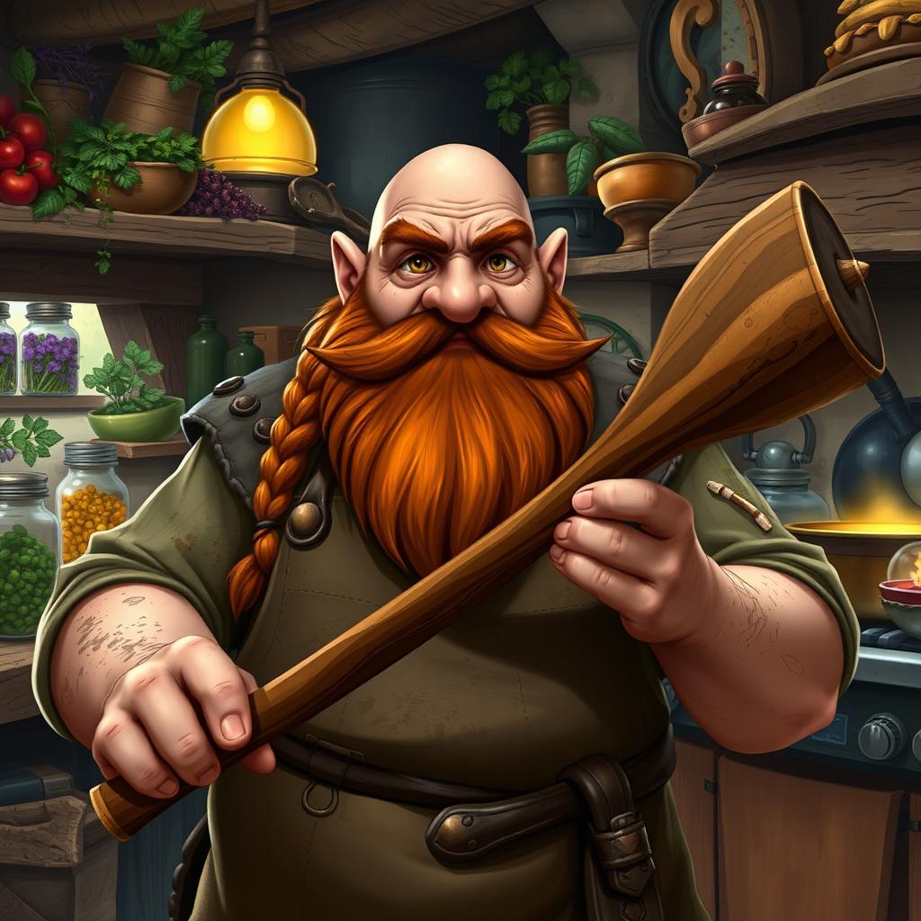 A stout dwarf with a bald head and a braided auburn beard, featuring soot-streaked cheeks that highlight his hard-working nature