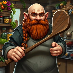 A stout dwarf with a bald head and a braided auburn beard, featuring soot-streaked cheeks that highlight his hard-working nature