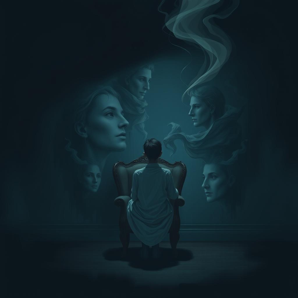 A digital illustration for a psychological fiction book, featuring a surreal and haunting scene