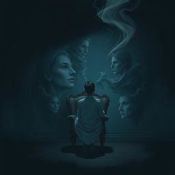 A digital illustration for a psychological fiction book, featuring a surreal and haunting scene