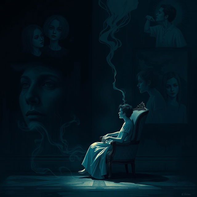 A digital illustration for a psychological fiction book, featuring a surreal and haunting scene