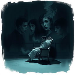 A digital illustration for a psychological fiction book, featuring a surreal and haunting scene
