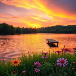 A stunning and serene landscape featuring a vibrant sunset over a tranquil lake, with colorful reflections in the water