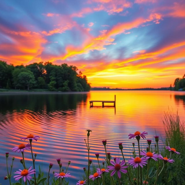 A stunning and serene landscape featuring a vibrant sunset over a tranquil lake, with colorful reflections in the water
