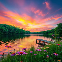 A stunning and serene landscape featuring a vibrant sunset over a tranquil lake, with colorful reflections in the water