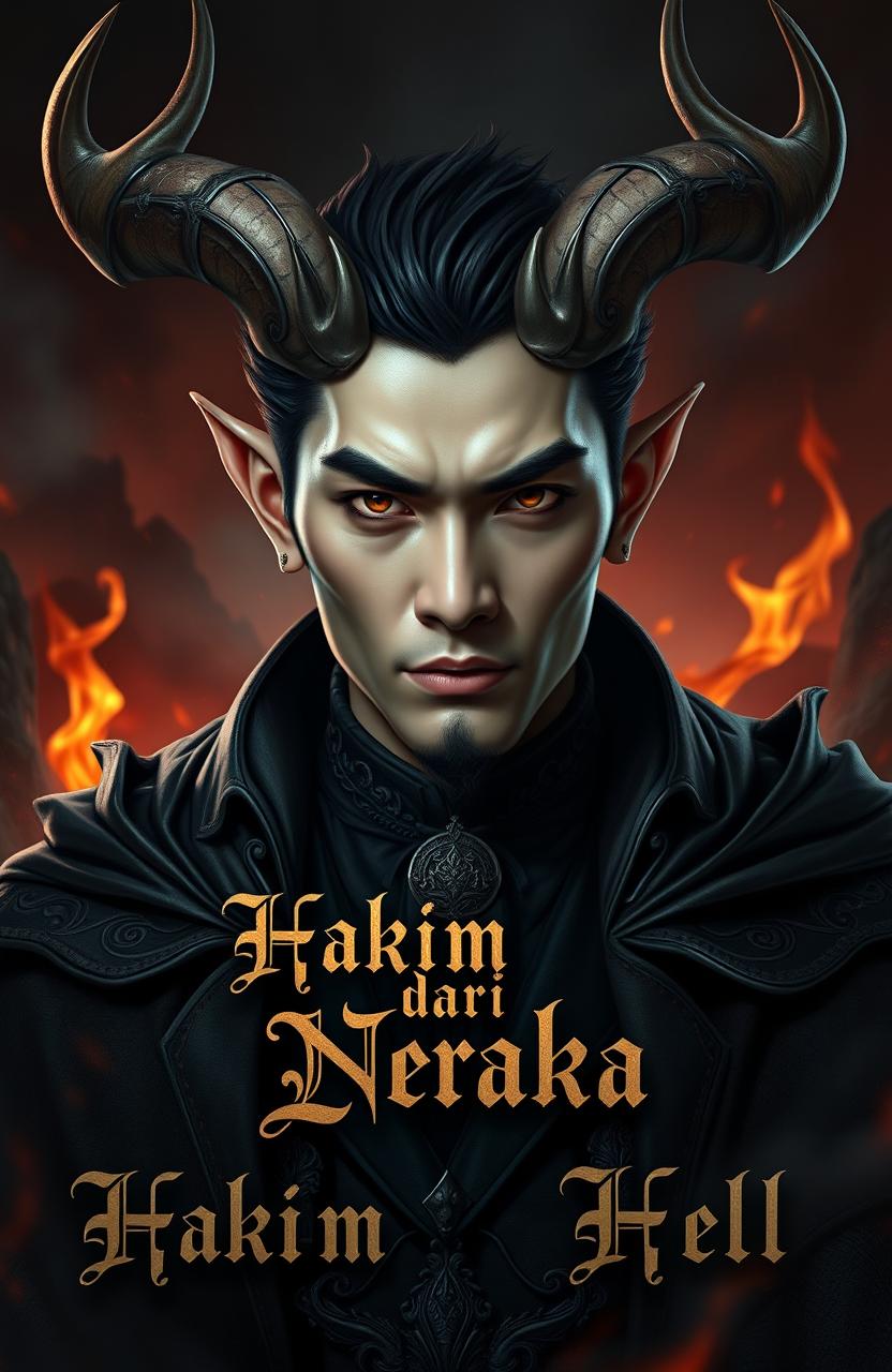 A handsome Asian male demon, with striking features and a sinister yet charismatic appearance, adorned with elaborate dark attire signifying his role as the 'Judge from Hell'