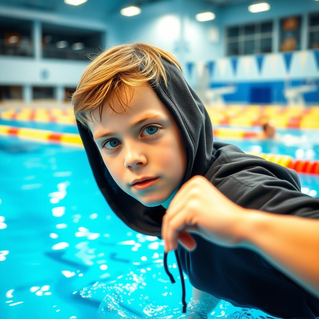 A boy practicing Swedish swimming techniques while wearing a black hoodie, displaying athleticism and concentration