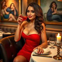 A sexy woman sitting at a stylish restaurant table, wearing a chic, form-fitting red dress that accentuates her curves