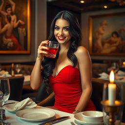 A sexy woman sitting at a stylish restaurant table, wearing a chic, form-fitting red dress that accentuates her curves