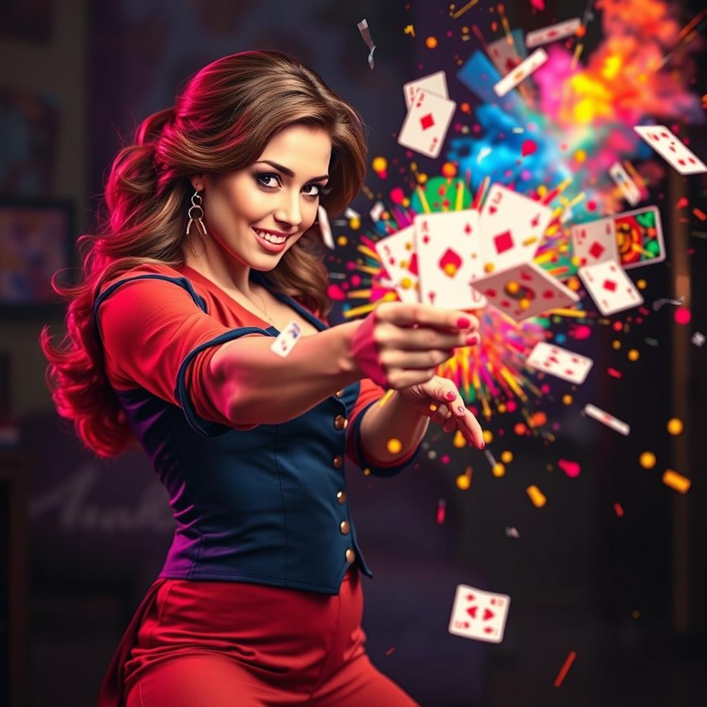 A vibrant image depicting Victoria Hand in a dynamic pose, energetically shooting playing cards that explode in a burst of colorful energy