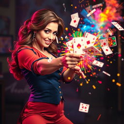 A vibrant image depicting Victoria Hand in a dynamic pose, energetically shooting playing cards that explode in a burst of colorful energy