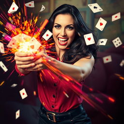 A vibrant image depicting Victoria Hand in a dynamic pose, energetically shooting playing cards that explode in a burst of colorful energy