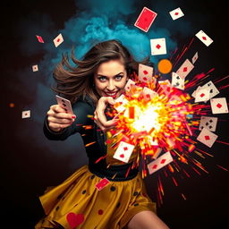 A vibrant image depicting Victoria Hand in a dynamic pose, energetically shooting playing cards that explode in a burst of colorful energy