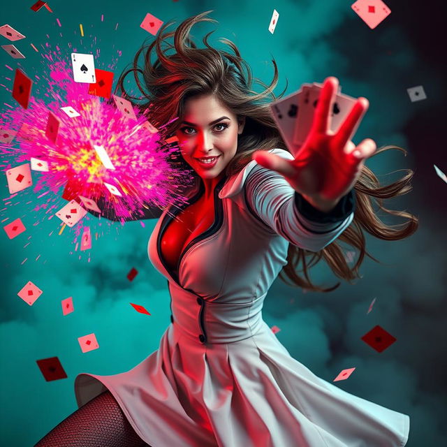 A vibrant image depicting Victoria Hand in a dynamic pose, energetically shooting playing cards that explode in a burst of colorful energy