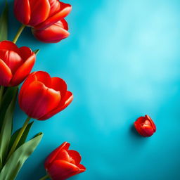 A stunning wallpaper featuring a blue-green background adorned with large, voluminous red tulips on one side, showcasing their vivid color and intricate petal details