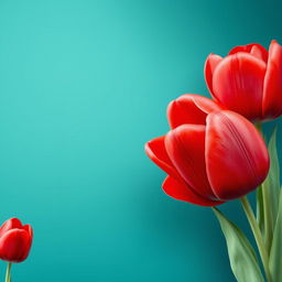 A stunning wallpaper featuring a blue-green background adorned with large, voluminous red tulips on one side, showcasing their vivid color and intricate petal details