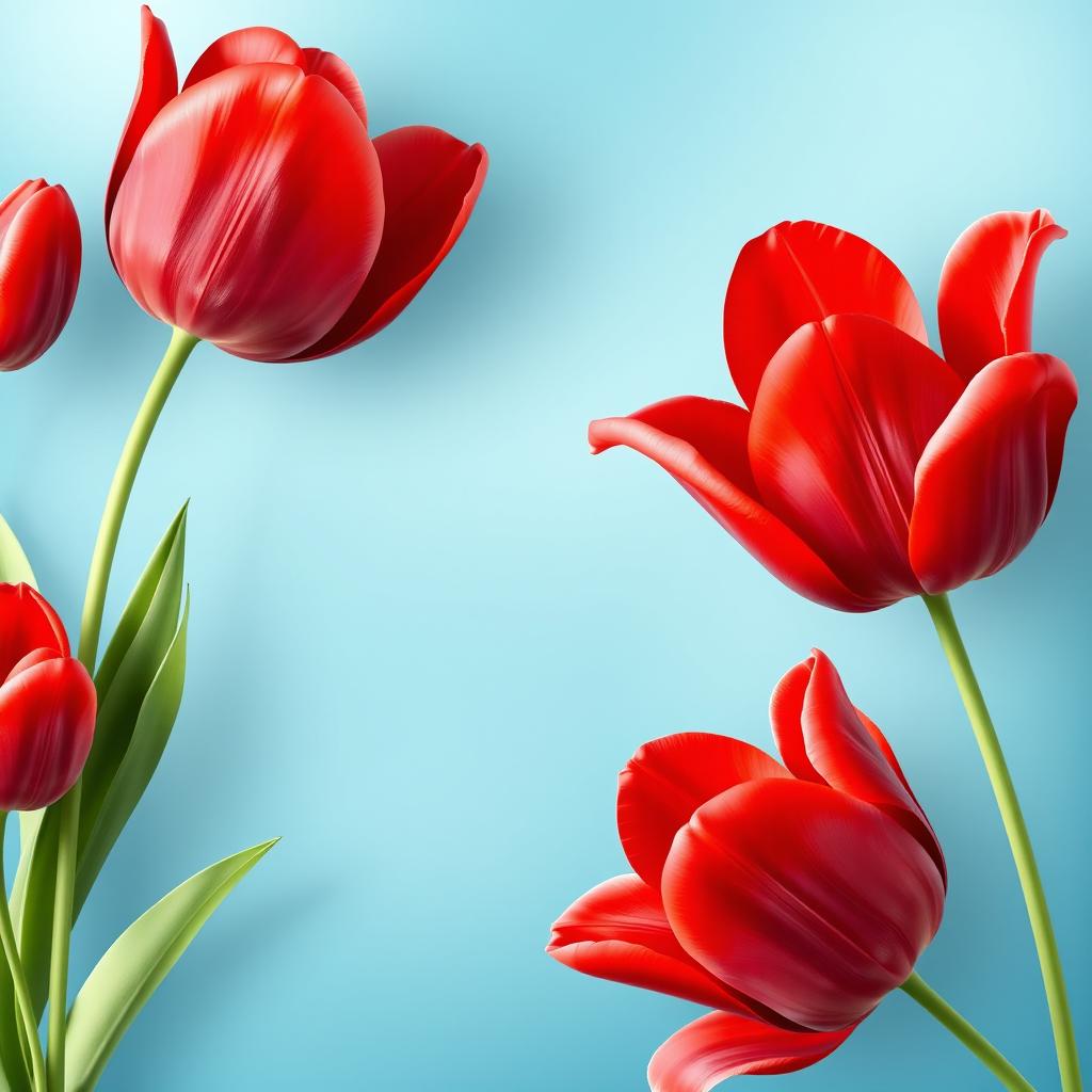 A stunning wallpaper featuring a blue-green background adorned with large, voluminous red tulips on one side, showcasing their vivid color and intricate petal details