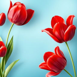 A stunning wallpaper featuring a blue-green background adorned with large, voluminous red tulips on one side, showcasing their vivid color and intricate petal details