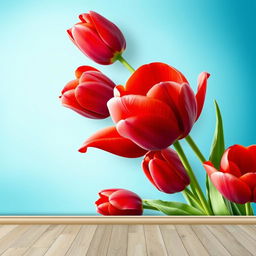 A stunning wallpaper featuring a blue-green background adorned with large, voluminous red tulips on one side, showcasing their vivid color and intricate petal details