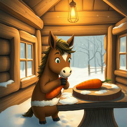 Inside a cozy wooden cabin during winter, a small brown horse is cutely hugging a sweet potato