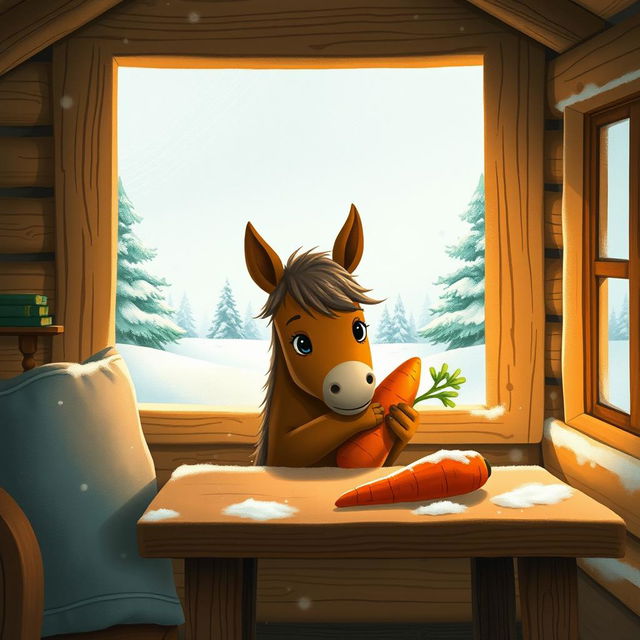 Inside a cozy wooden cabin during winter, a small brown horse is cutely hugging a sweet potato