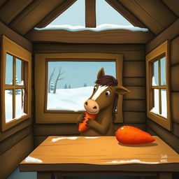 Inside a cozy wooden cabin during winter, a small brown horse is cutely hugging a sweet potato