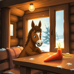 Inside a cozy wooden cabin during winter, a small brown horse is cutely hugging a sweet potato