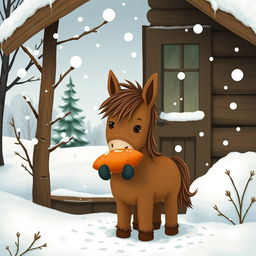 A whimsical winter scene featuring a small brown pony holding a sweet potato outside a cozy wooden cabin surrounded by a snowy landscape