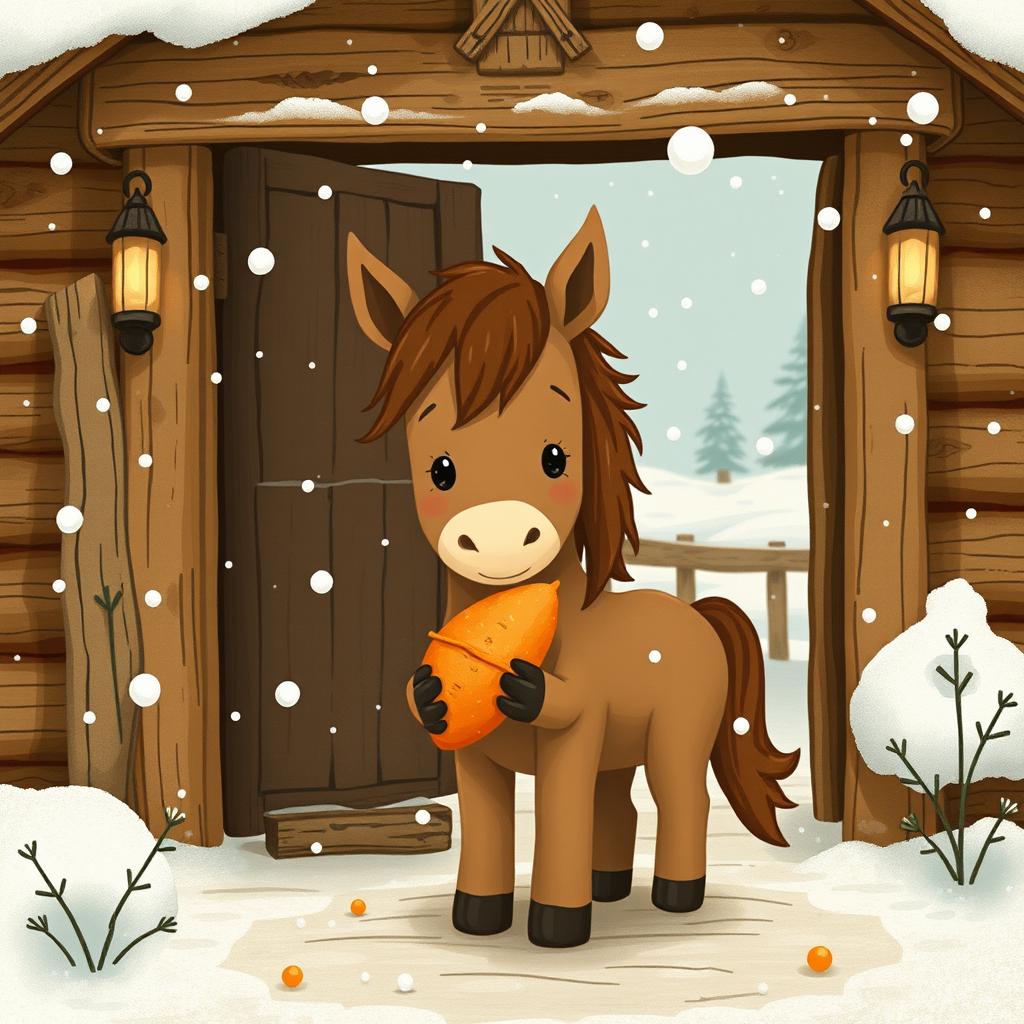 A whimsical winter scene featuring a small brown pony holding a sweet potato outside a cozy wooden cabin surrounded by a snowy landscape