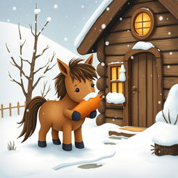 A whimsical winter scene featuring a small brown pony holding a sweet potato outside a cozy wooden cabin surrounded by a snowy landscape