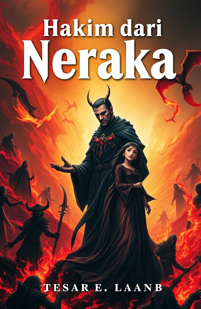 A book cover design featuring a judge from hell, depicted with an imposing yet captivating presence