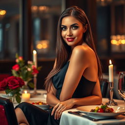 A sexy woman sitting at a restaurant table, elegantly dressed in a sleek, figure-hugging black dress, her long, silky hair cascading over her shoulders