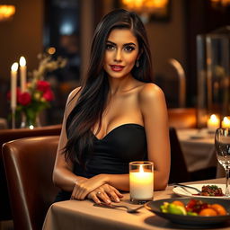A sexy woman sitting at a restaurant table, elegantly dressed in a sleek, figure-hugging black dress, her long, silky hair cascading over her shoulders