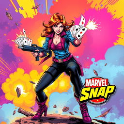 A vibrant image depicting Victoria Hand in a dynamic pose, shooting playing cards from her submachine gun
