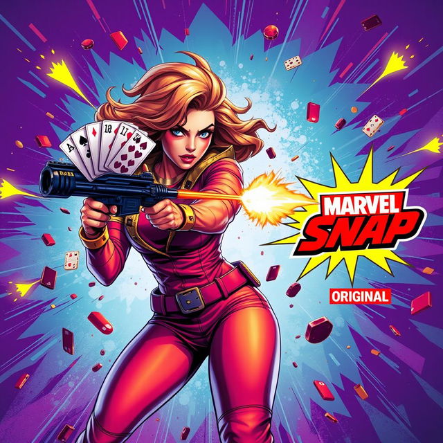 A vibrant image depicting Victoria Hand in a dynamic pose, shooting playing cards from her submachine gun