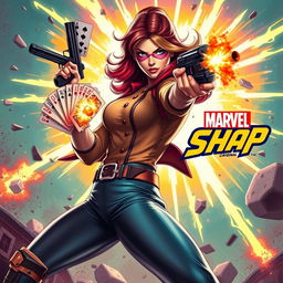 A vibrant image depicting Victoria Hand in a dynamic pose, shooting playing cards from her submachine gun