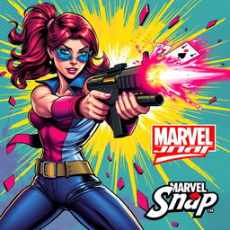 A vibrant image depicting Victoria Hand in a dynamic pose, shooting playing cards from her submachine gun