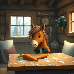 A charming winter scene inside a cozy wooden cabin featuring a small brown pony holding a sweet potato, gazing at a carrot placed on a rustic wooden table