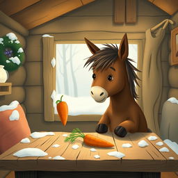 A charming winter scene inside a cozy wooden cabin featuring a small brown pony holding a sweet potato, gazing at a carrot placed on a rustic wooden table