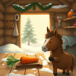 A charming winter scene inside a cozy wooden cabin featuring a small brown pony holding a sweet potato, gazing at a carrot placed on a rustic wooden table